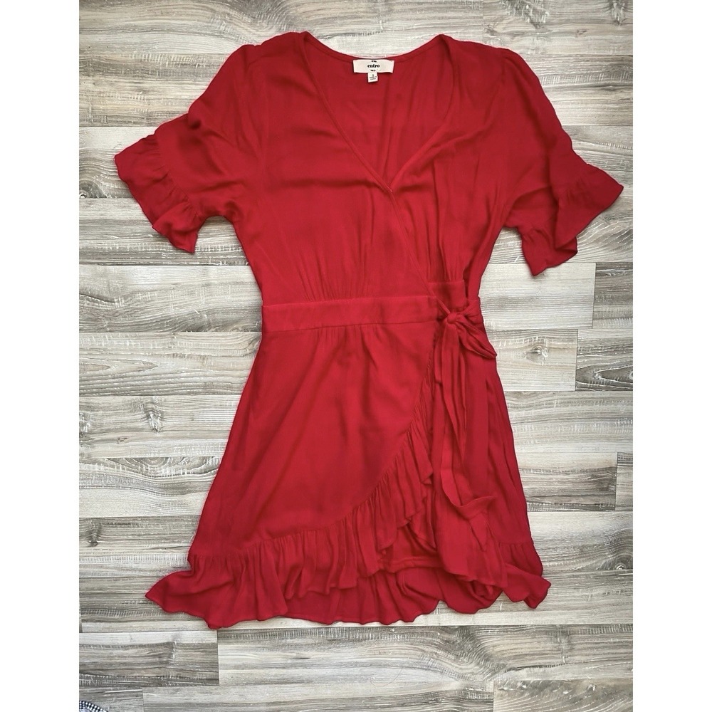 Entro Red Short Sleeve Ruffled Wrap Dress Solid Size Small Vneck